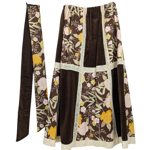 Vintage Brown Velvet Patchwork Lace Prairie Maxi Skirt CHESSA DAVIS Vintage 70's - Picture 1 of 9